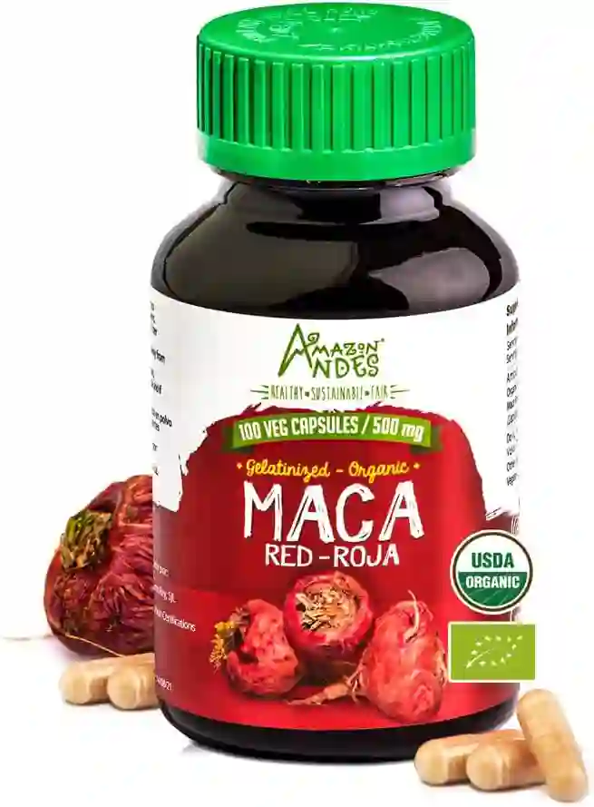 Cápsulas de Maca Roja Orgánica | Vitalidad Femenina y Equilibrio Hormonal | 100 Cápsulas Veganas (500 mg) | USDA Orgánica, Sin OGM