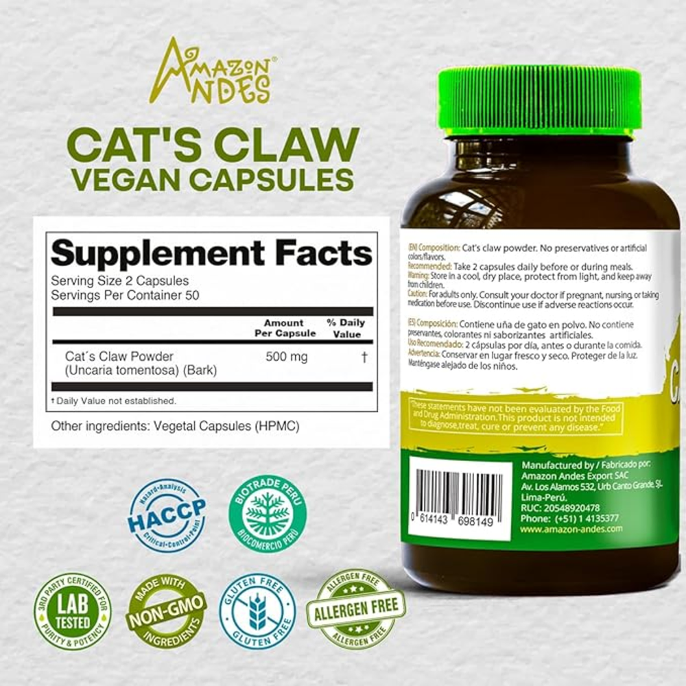 Cápsulas de Uña de Gato (Uncaria tomentosa) | Inmunidad y Antiinflamatorio Amazónico | 100 Cápsulas (1000 mg) | Fairtrade USA Certificado — imagen 2